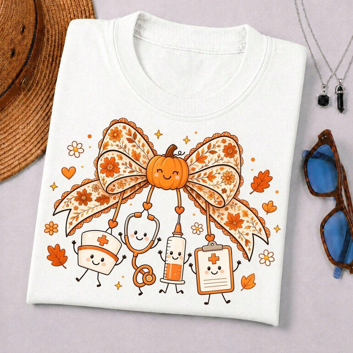 Autumn-Themed Women's Crew Neck T-Shirt – Pumpkin Nurse Graphic Print – Fall Apparel & Halloween Clothing TShirt