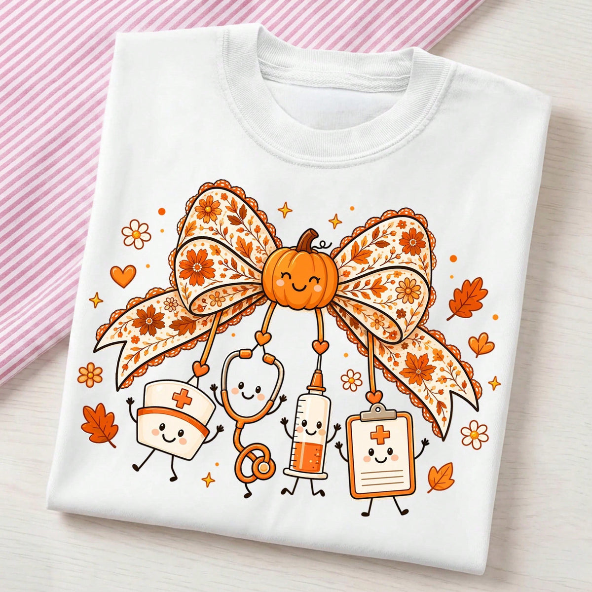 Autumn-Themed Women's Crew Neck T-Shirt – Pumpkin Nurse Graphic Print – Fall Apparel & Halloween Clothing TShirt