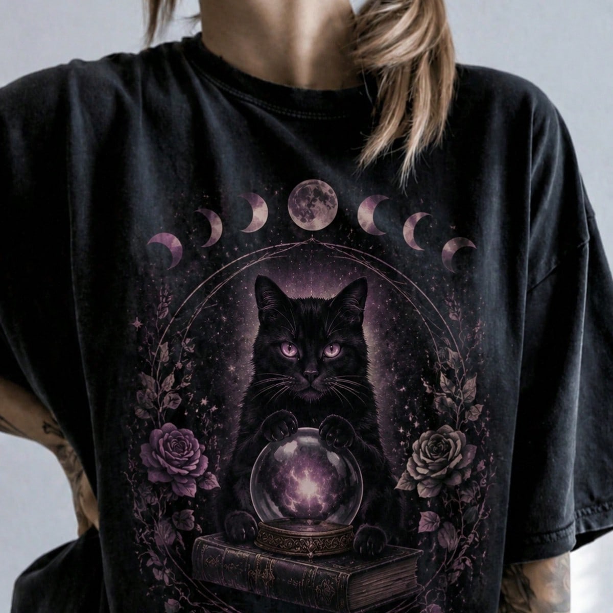 Mystical Black Cat Moon Phase Skull Rose Gothic Print Witchy Tee