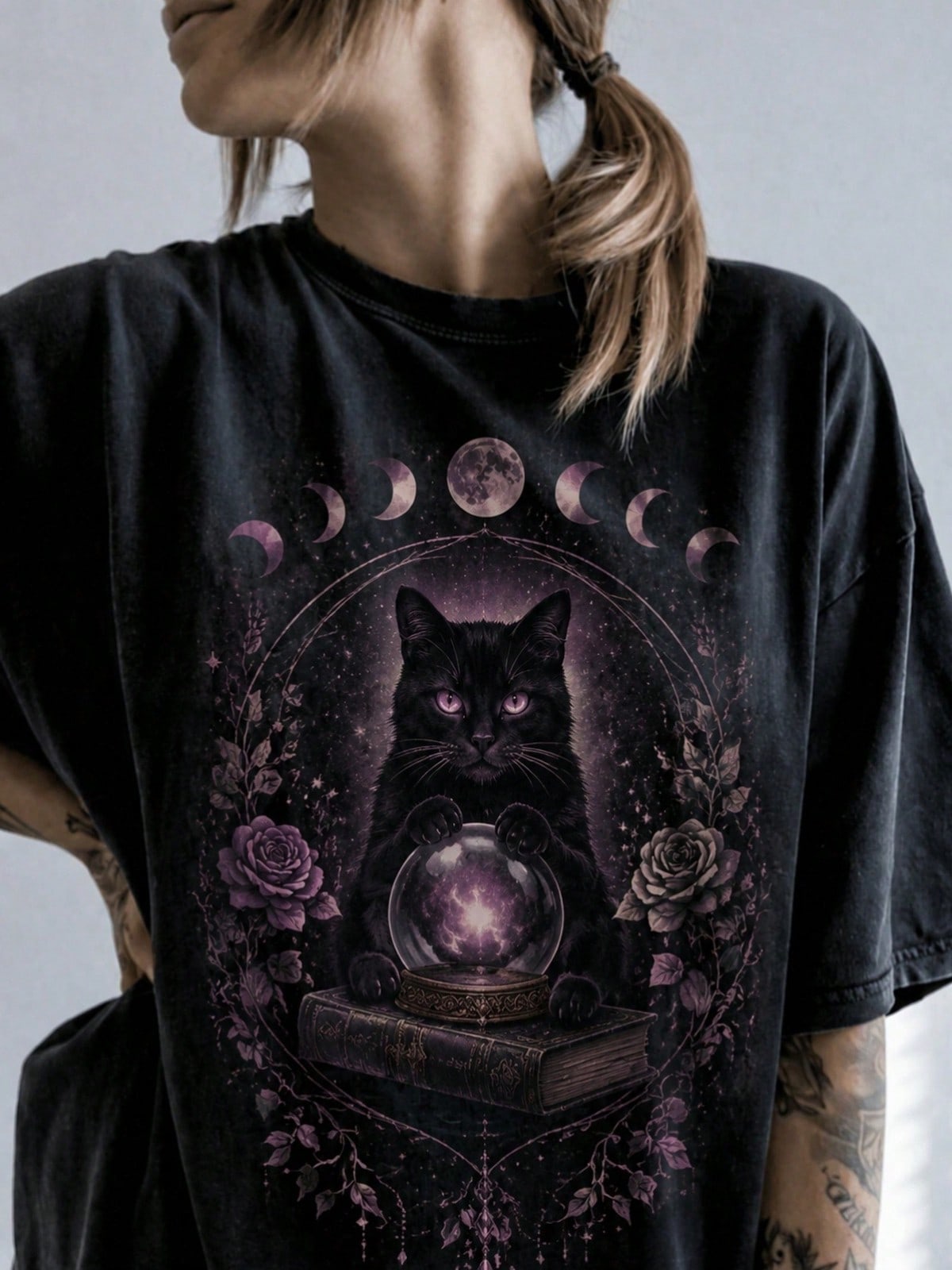 Mystical Black Cat Moon Phase Skull Rose Gothic Print Witchy Tee