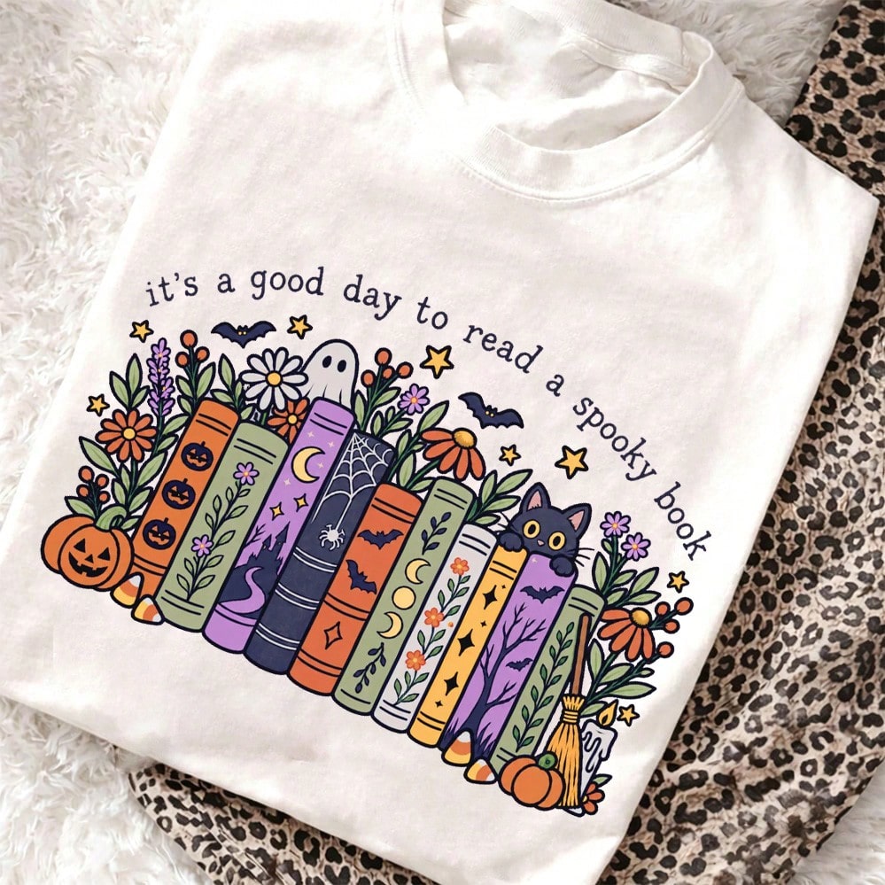 Cute Halloween Spooky Book Graphic Top Pumpkin Cat Print Fall Casual Short Sleeve Preppy Teacher Tee