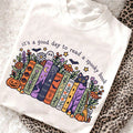Cute Halloween Spooky Book Graphic Top Pumpkin Cat Print Fall Casual Short Sleeve Preppy Teacher Tee