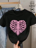 Women'S Summer Clothing, Pink Thorns Heart Skeleton Style Printed Round Neck Short Sleeve