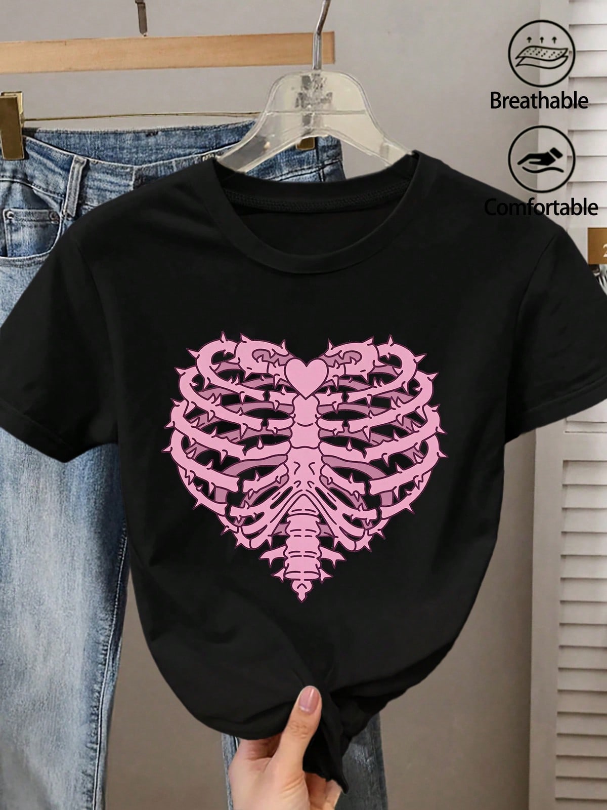 Women'S Summer Clothing, Pink Thorns Heart Skeleton Style Printed Round Neck Short Sleeve