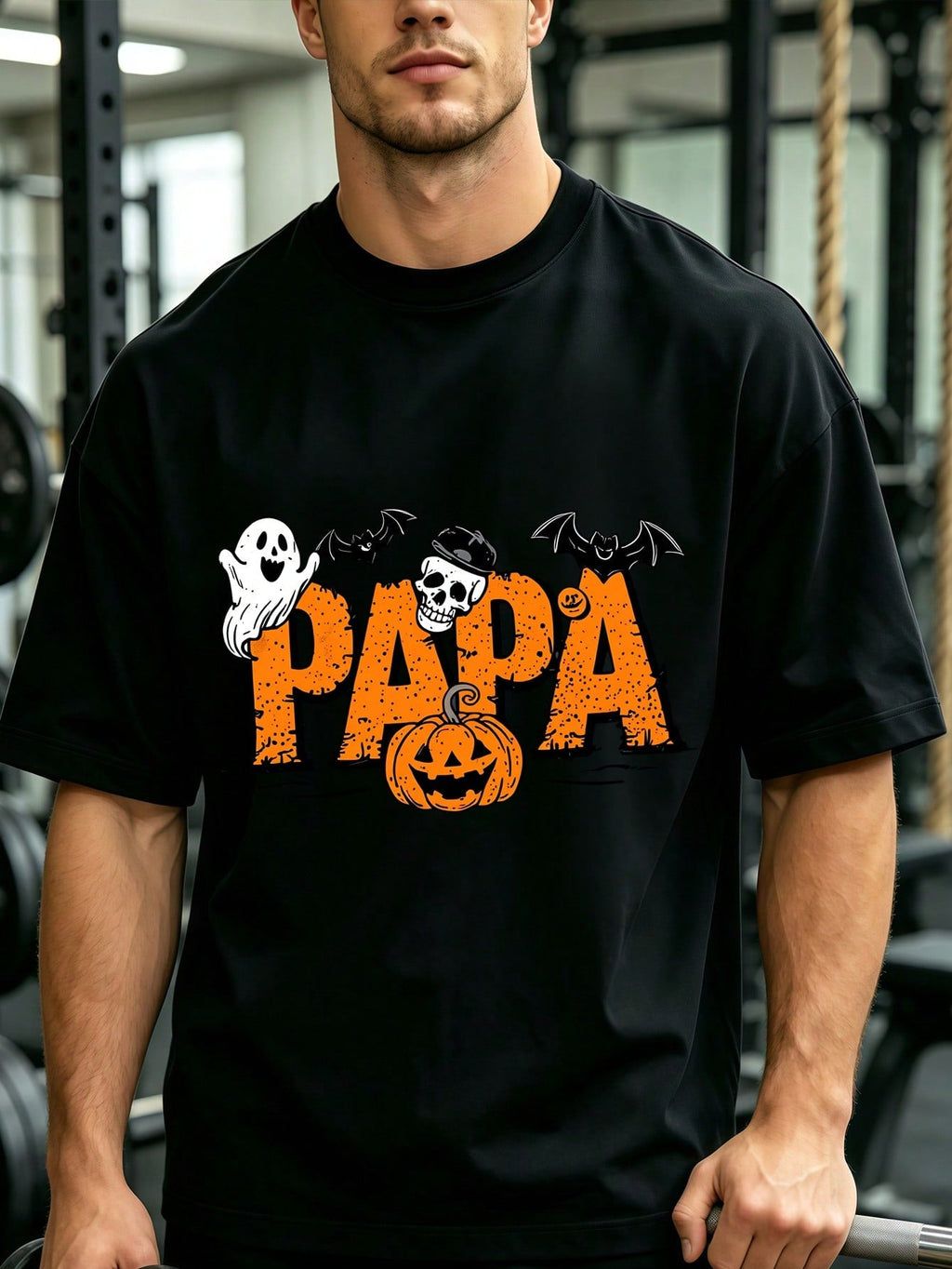 Halloween Men's Clothing Papa Pumpkin Printed Black Cotton Tshirt, Casual Crew Neck Top