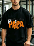 Halloween Men's Clothing Papa Pumpkin Printed Black Cotton Tshirt, Casual Crew Neck Top