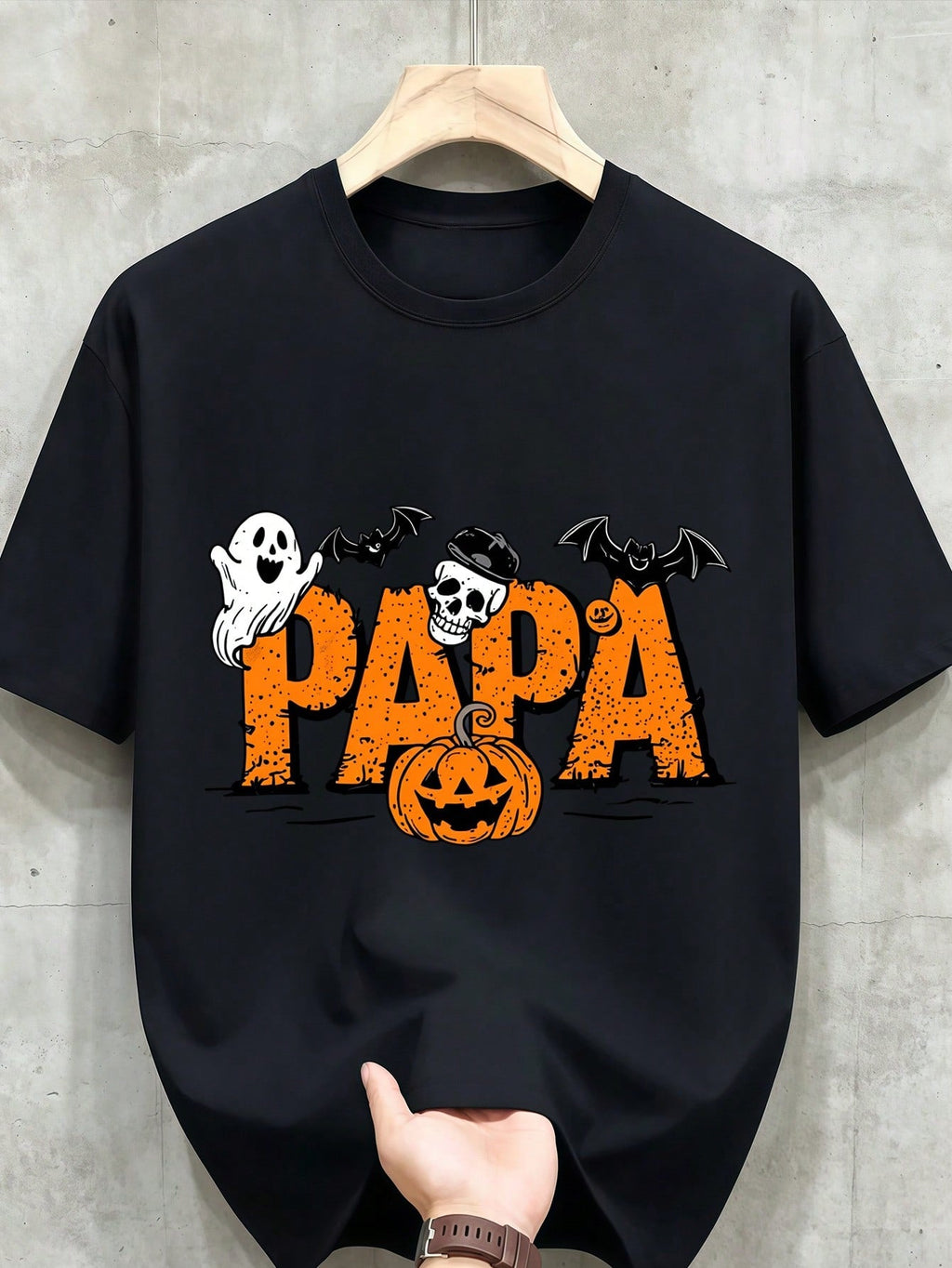 Halloween Men's Clothing Papa Pumpkin Printed Black Cotton Tshirt, Casual Crew Neck Top