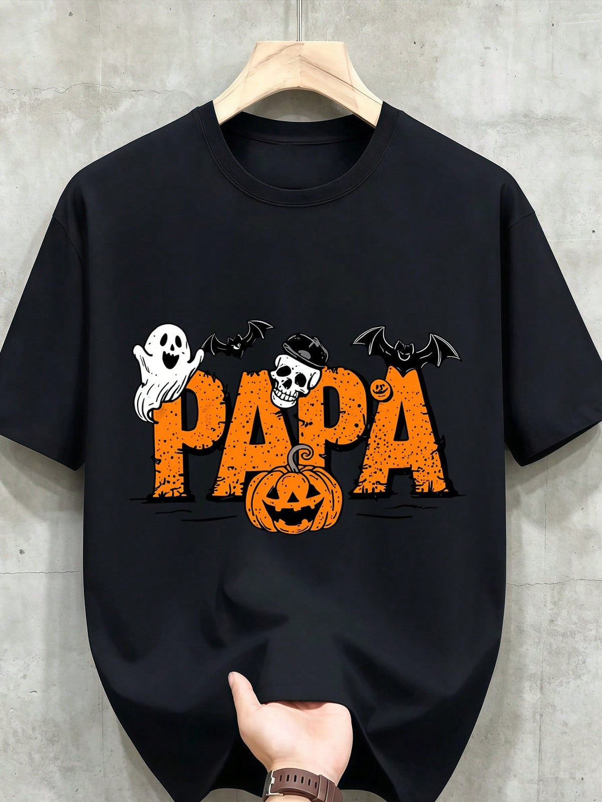 Halloween Men's Clothing Papa Pumpkin Printed Black Cotton Tshirt, Casual Crew Neck Top