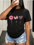 Flower Butterfly Heart Print Black Short Sleeve Tee Summer Crew Neck Top
