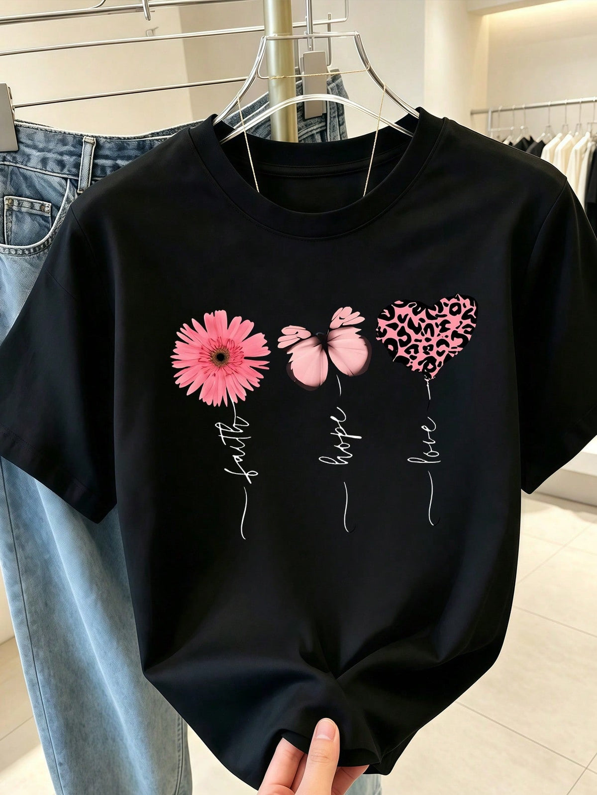 Flower Butterfly Heart Print Black Short Sleeve Tee Summer Crew Neck Top