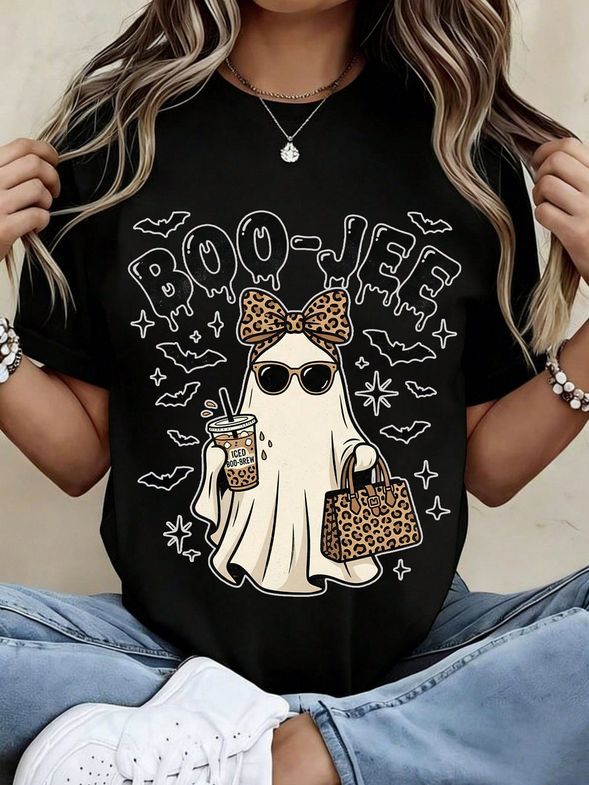 Fall Outfit For Women Halloween Women's T-Shirt Boo-Jee Leopard Ghost Casual And Versatile