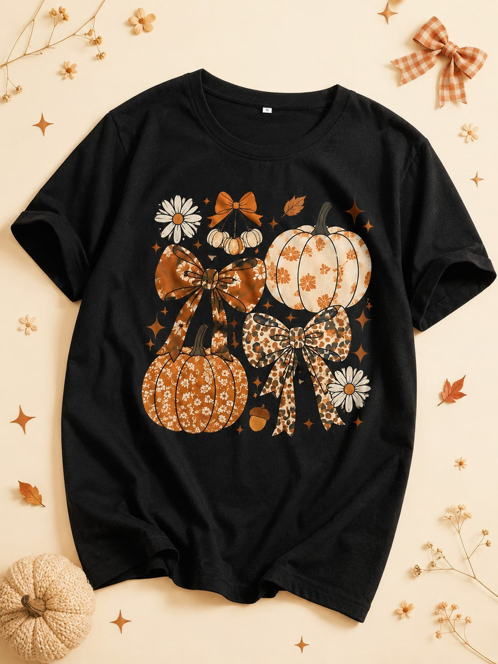 Casual Short Sleeve Pumpkin And Bow Print T-Shirt, Perfect For Fall And Halloween Featuring A Round Neck