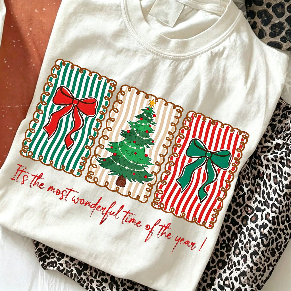 It’s The Most Wonderful Time of The Year Christmas Bow Tree Graphic Short Sleeve T‑Shirt, Vintage Striped Christmas Holiday Casual Tee Top