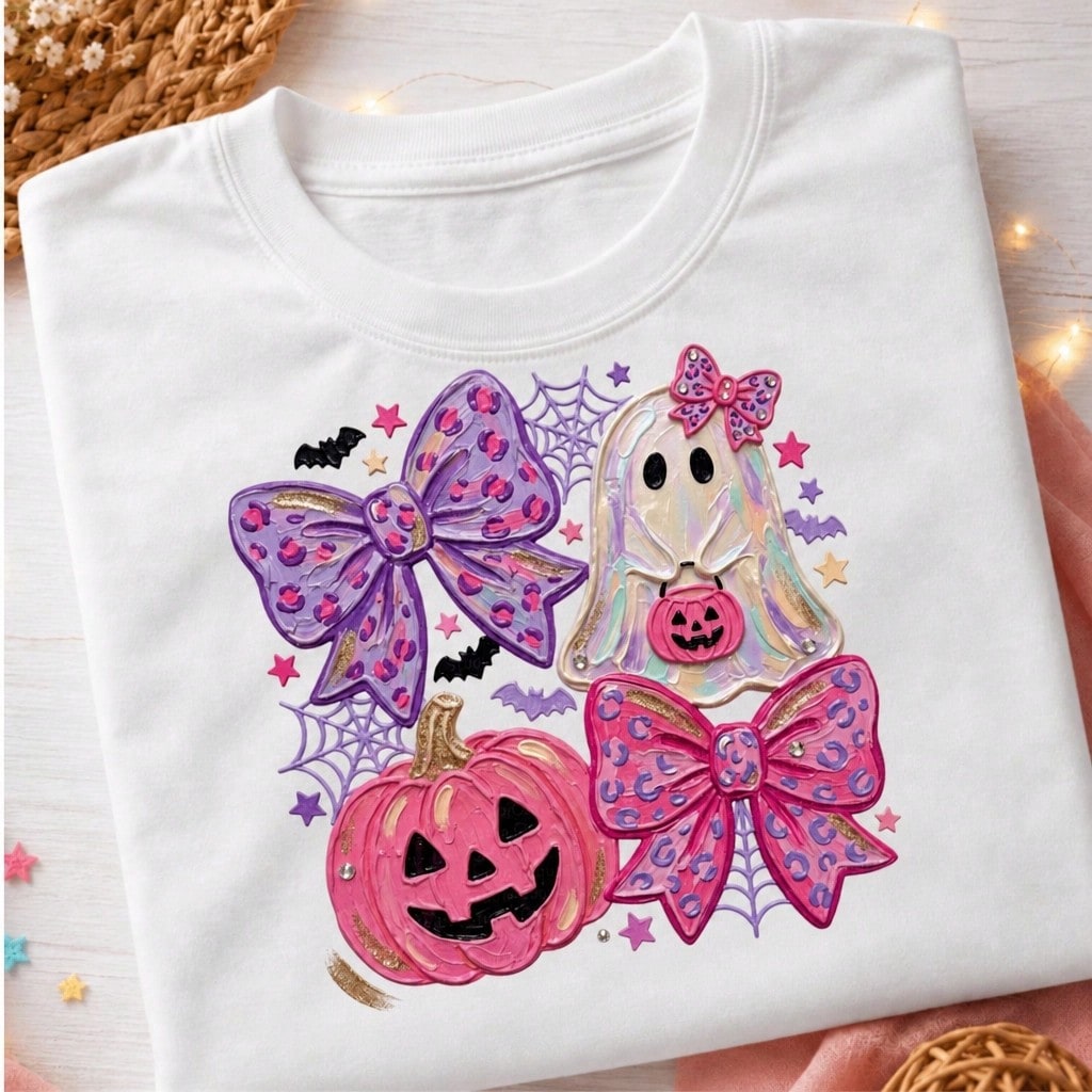 Women's Cute Halloween Graphic T-Shirt – Featuring Pink Pumpkin, Ghost, Bow, And Bat Designs