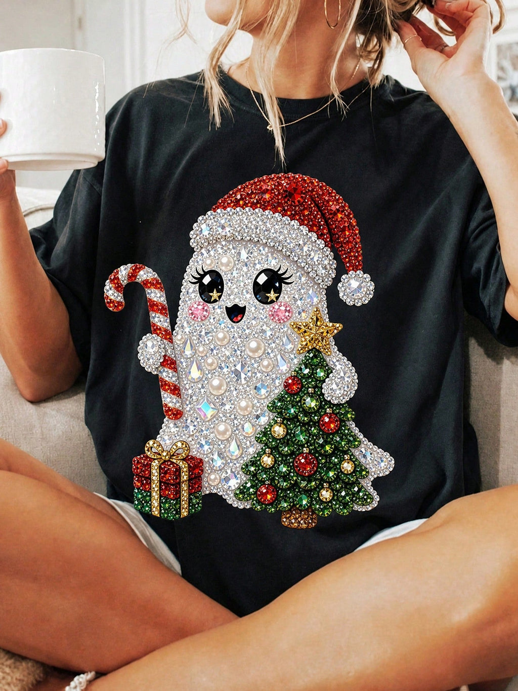 Women Halloween Cute Pearl Ghost Print Crew Neck Short Sleeve Tee,Summer/Fall Halloween Clothing，Women Tshirts