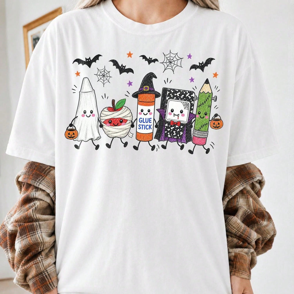 Cute Halloween Supplies Character Graphic Short Sleeve T‑Shirt, Ghost Mummy Apple Glue Stick Pencil Bat Spooky Fall Holiday Casual Tee Top