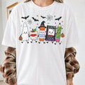 Cute Halloween Supplies Character Graphic Short Sleeve T‑Shirt, Ghost Mummy Apple Glue Stick Pencil Bat Spooky Fall Holiday Casual Tee Top