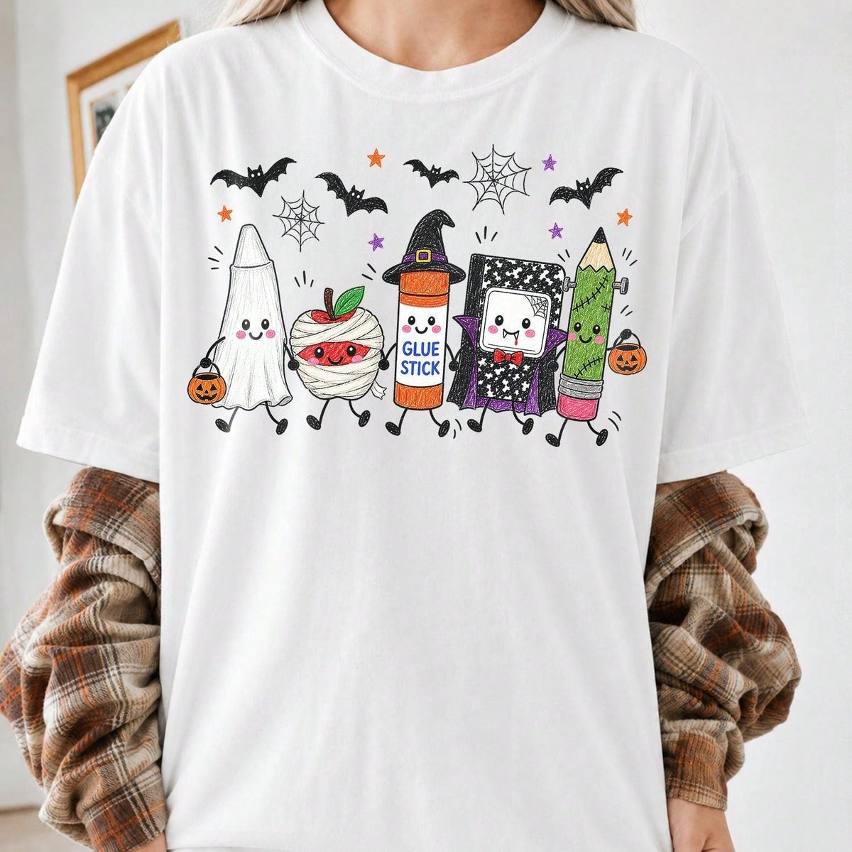 Cute Halloween Supplies Character Graphic Short Sleeve T‑Shirt, Ghost Mummy Apple Glue Stick Pencil Bat Spooky Fall Holiday Casual Tee Top