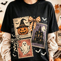 Retro Halloween Stamp Design With Print, Mysterious Ghost Pumpkin T-Shirt Pattern Halloween Autumn Design Printed T-Shirt