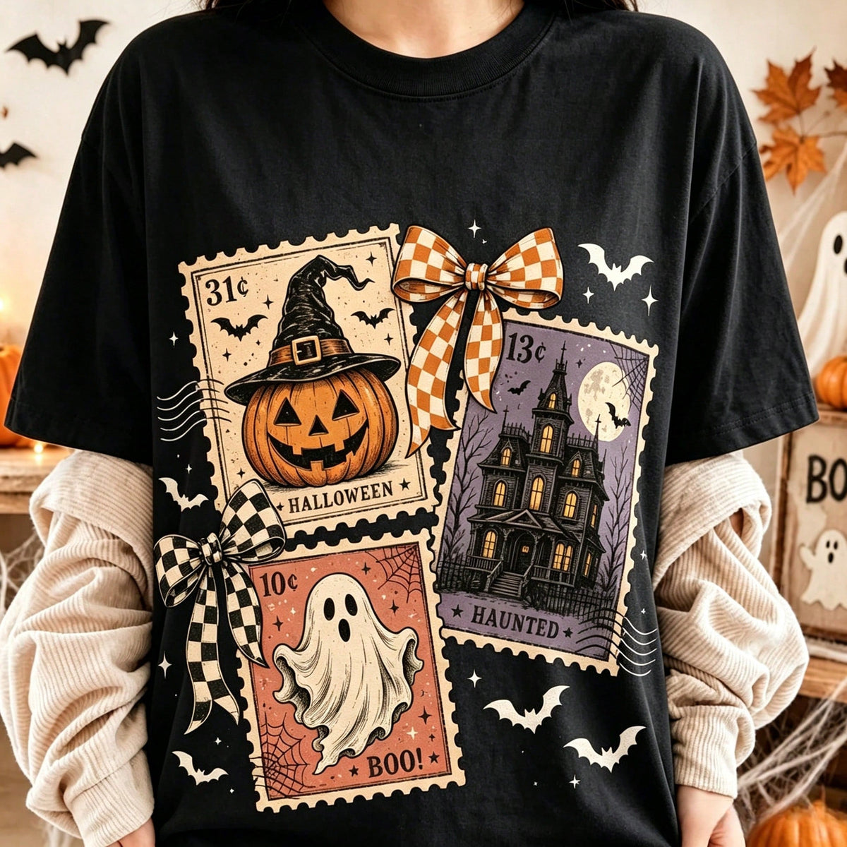 Retro Halloween Stamp Design With Print, Mysterious Ghost Pumpkin T-Shirt Pattern Halloween Autumn Design Printed T-Shirt