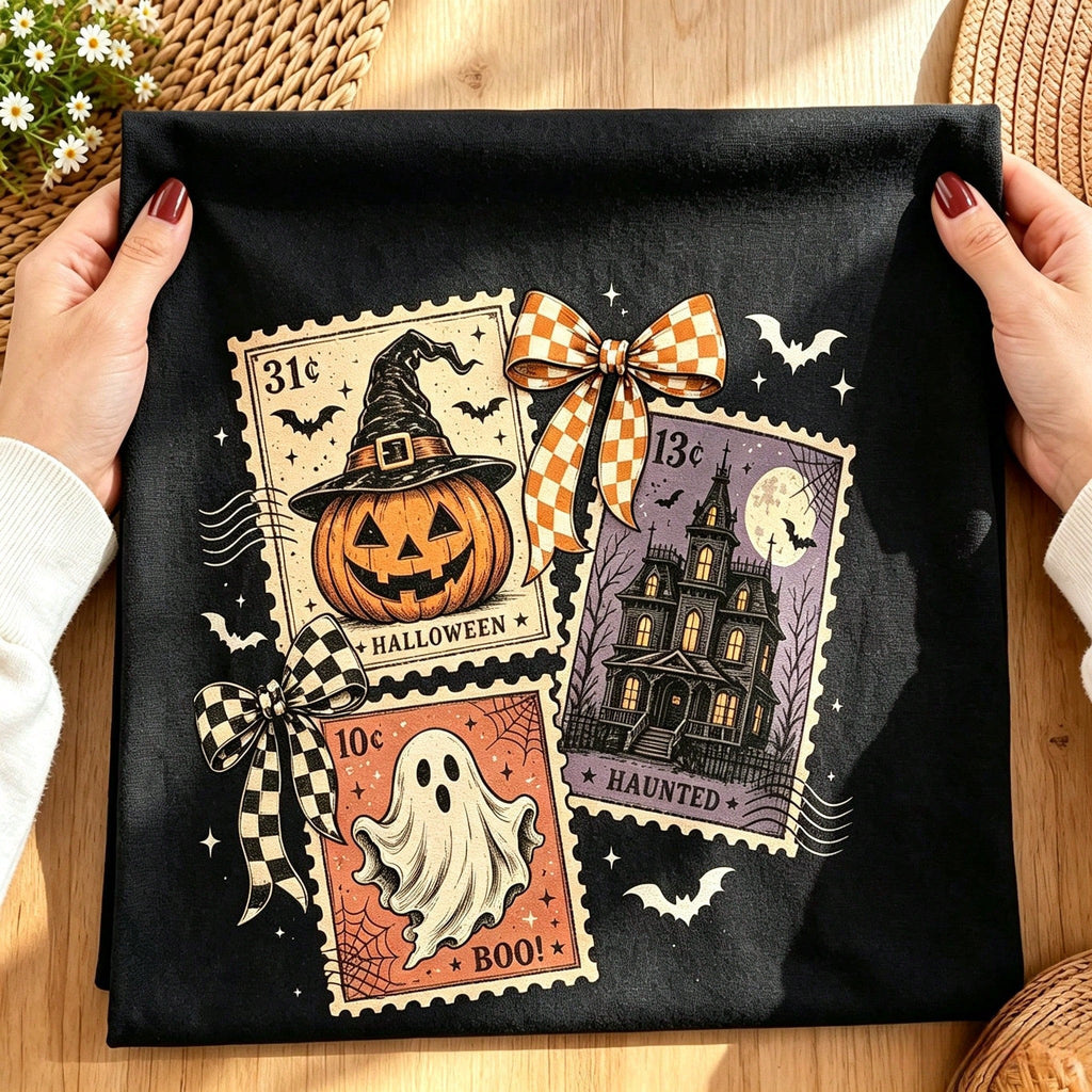 Retro Halloween Stamp Design With Print, Mysterious Ghost Pumpkin T-Shirt Pattern Halloween Autumn Design Printed T-Shirt