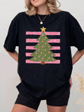 Retro Christmas Tree T-Shirt, Vintage Distressed Pink Stripe Xmas Tree with Gold Star Holiday Graphic Short Sleeve Tee
