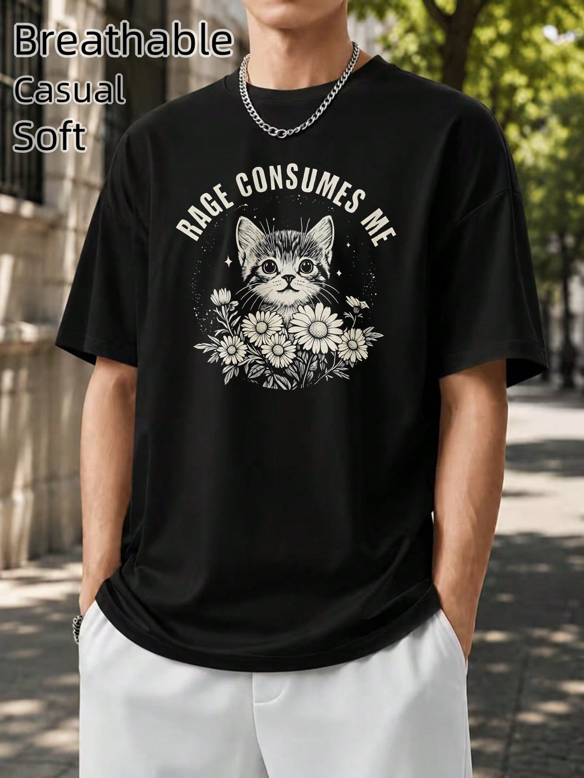 Lady Rage Consumes Me Print Tee Cute Kitten Wildflower Crew Neck Casual Top