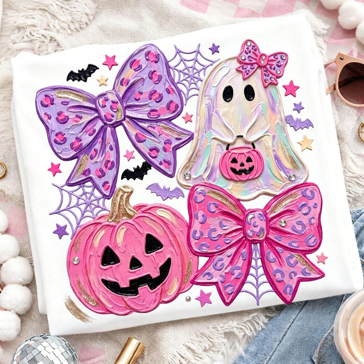 Women's Cute Halloween Graphic T-Shirt – Featuring Pink Pumpkin, Ghost, Bow, And Bat Designs
