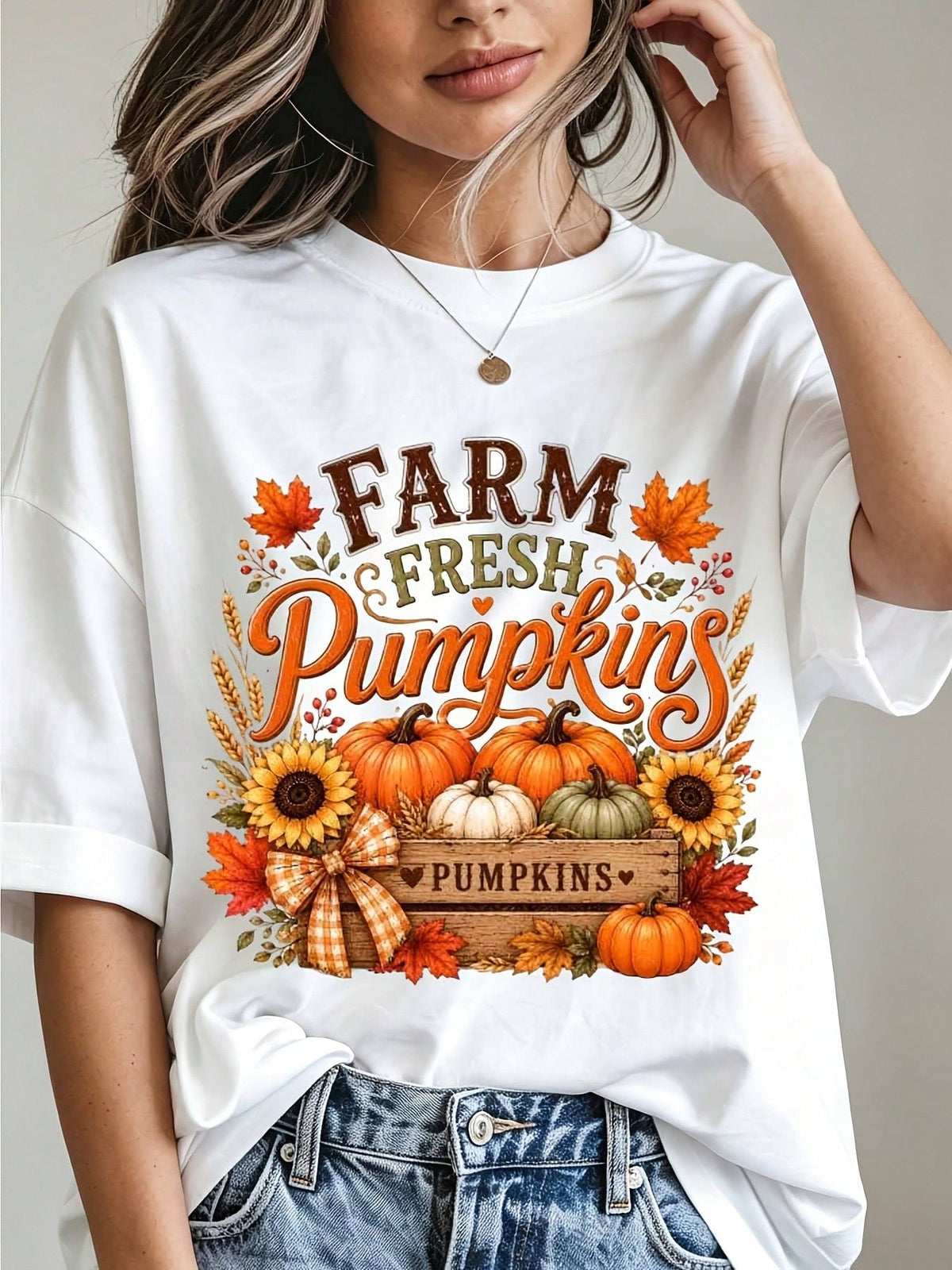 Autumn Fall Graphic Tee Farm Fresh Pumpkins Sunflowers Leaves Print Casual Daily Wear