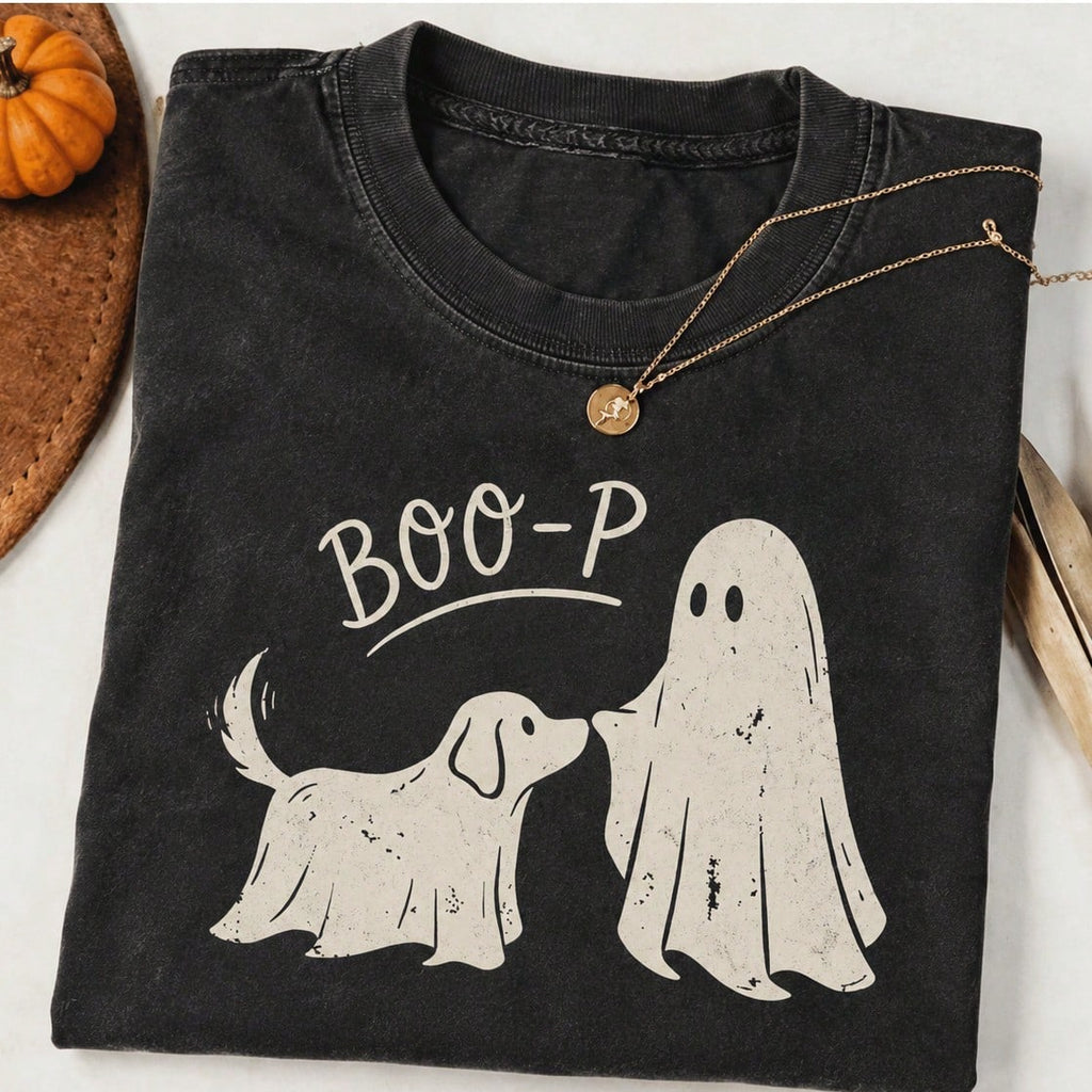 Boo-P Ghost Dog T-Shirt: Funny Halloween Dog Mom Boxy Tee