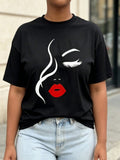 Face Line Print Crew Neck Tee Black Cotton Stretch Regular Fit Top