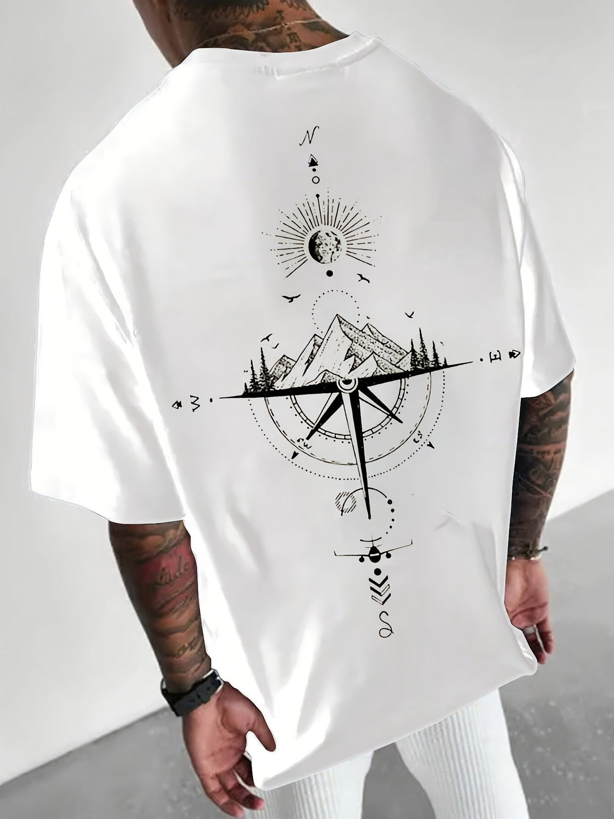 Men's 100% Cotton Short Sleeve T-Shirt, Crew Neck Back Print Mountain Compass Travel Graphic Tee, Casual Streetwear Top