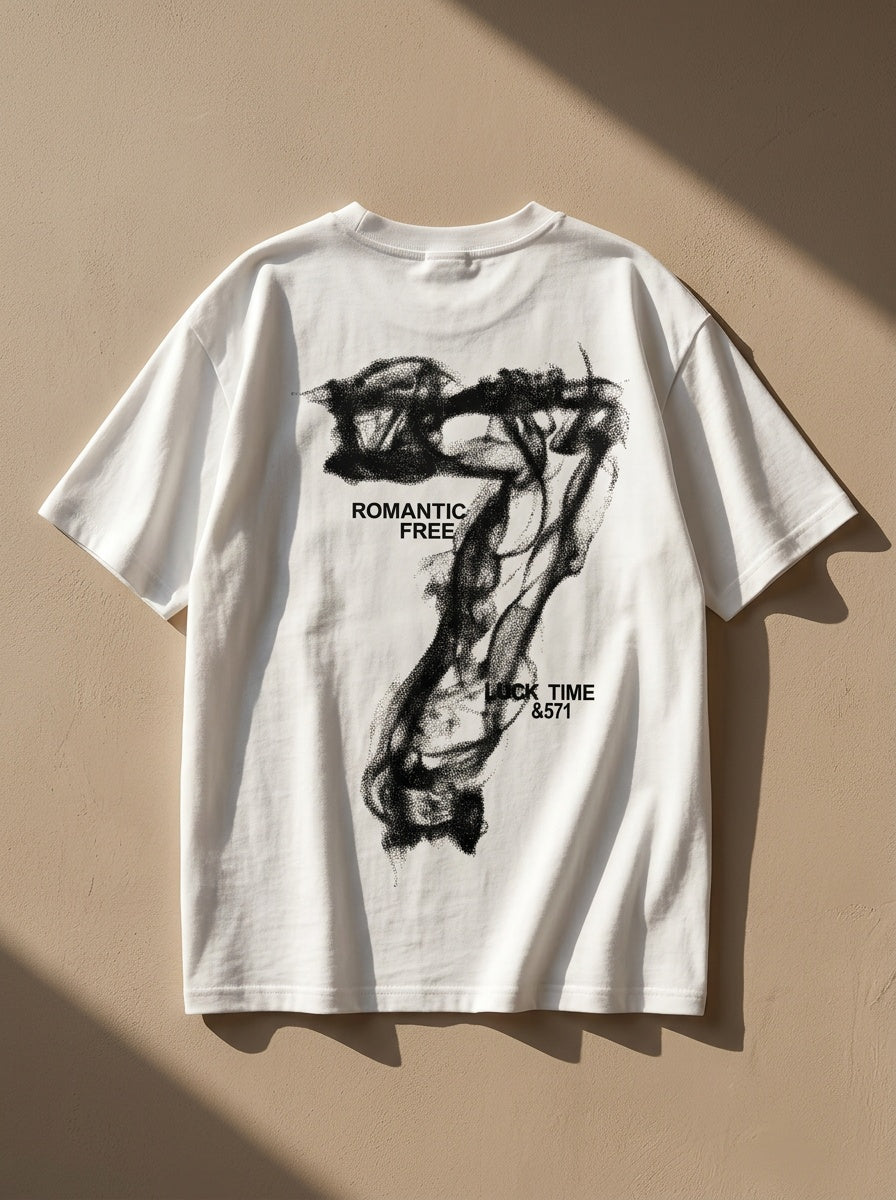 Letter Smoke 7 Print Loose Short Sleeve Tee Unisex Summer Casual Versatile Top
