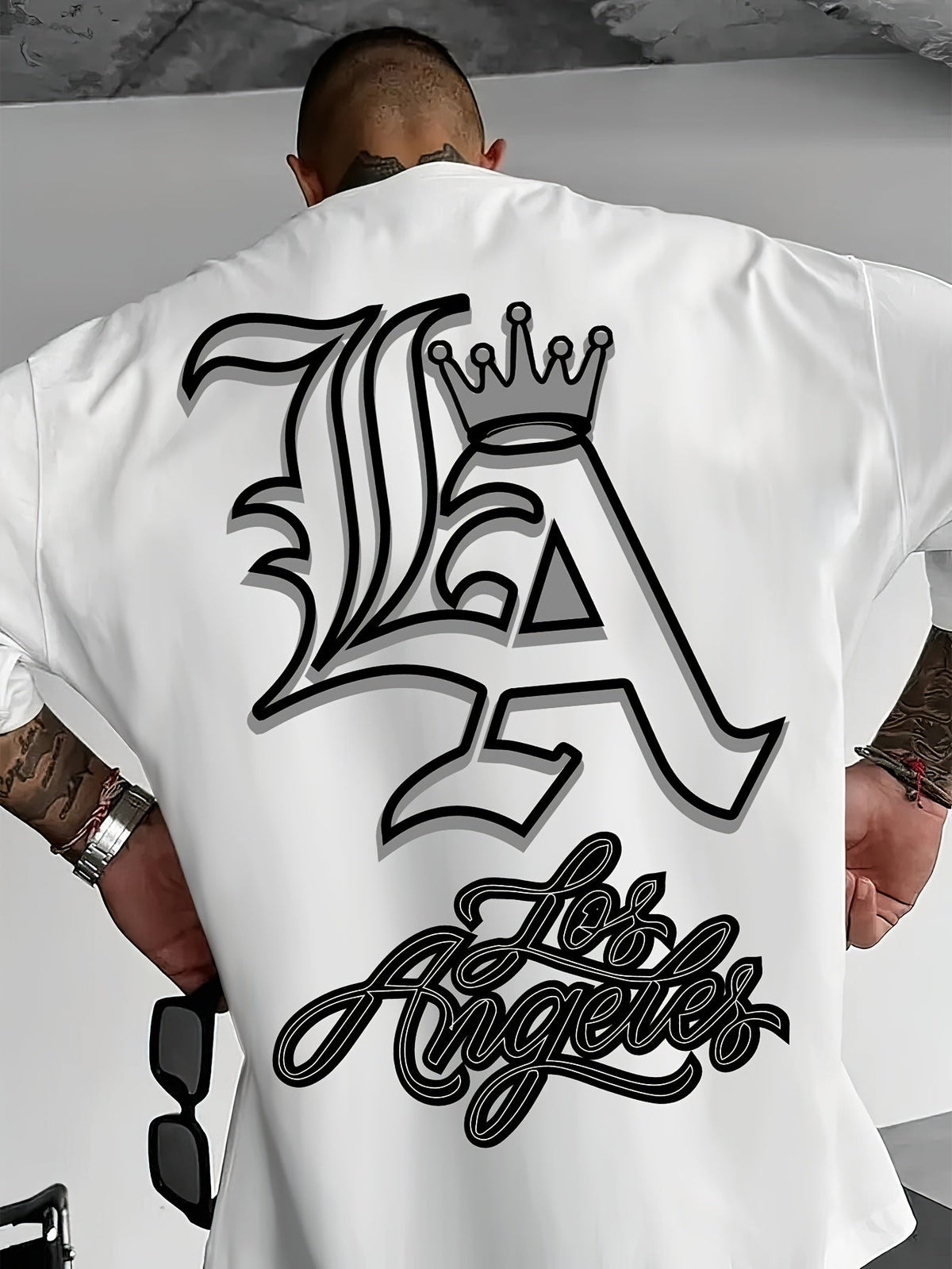 Men's Crew Neck Short Sleeve T-Shirt, Los Angeles LA Crown Script Back Graphic Print, Streetwear Casual Summer Tee