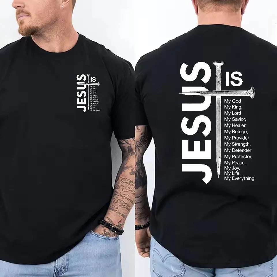 Mens Jesus Cross Print Pure Cotton Tee Loose Crew Neck Breathable Christian Top