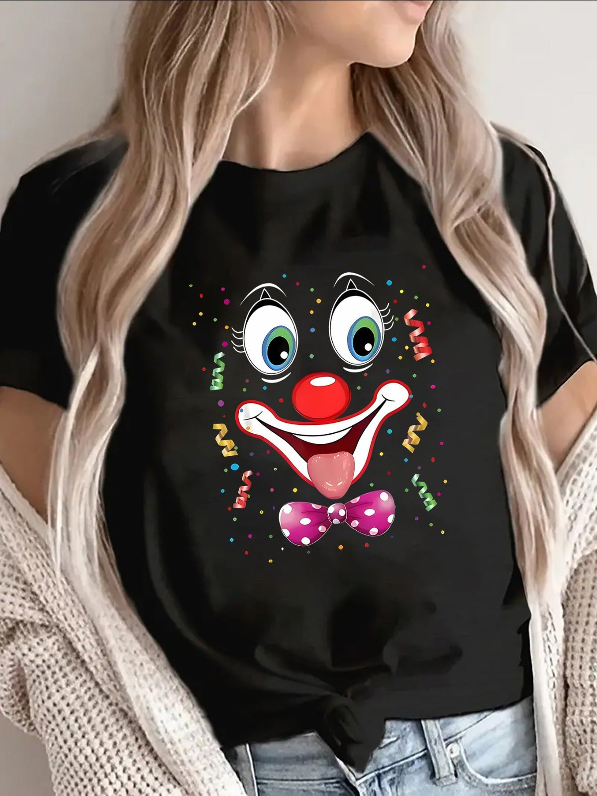 Clown Face Print Lightweight Short Sleeve Tee Home Dining Party Comfort Top