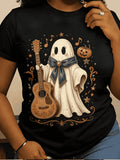 Retro Ghost Playing Guitar Halloween Graphic Short Sleeve T‑Shirt, Country Music Ghost With Bow Pumpkin Star Musical Notes Fall Spooky Casual Tee Top