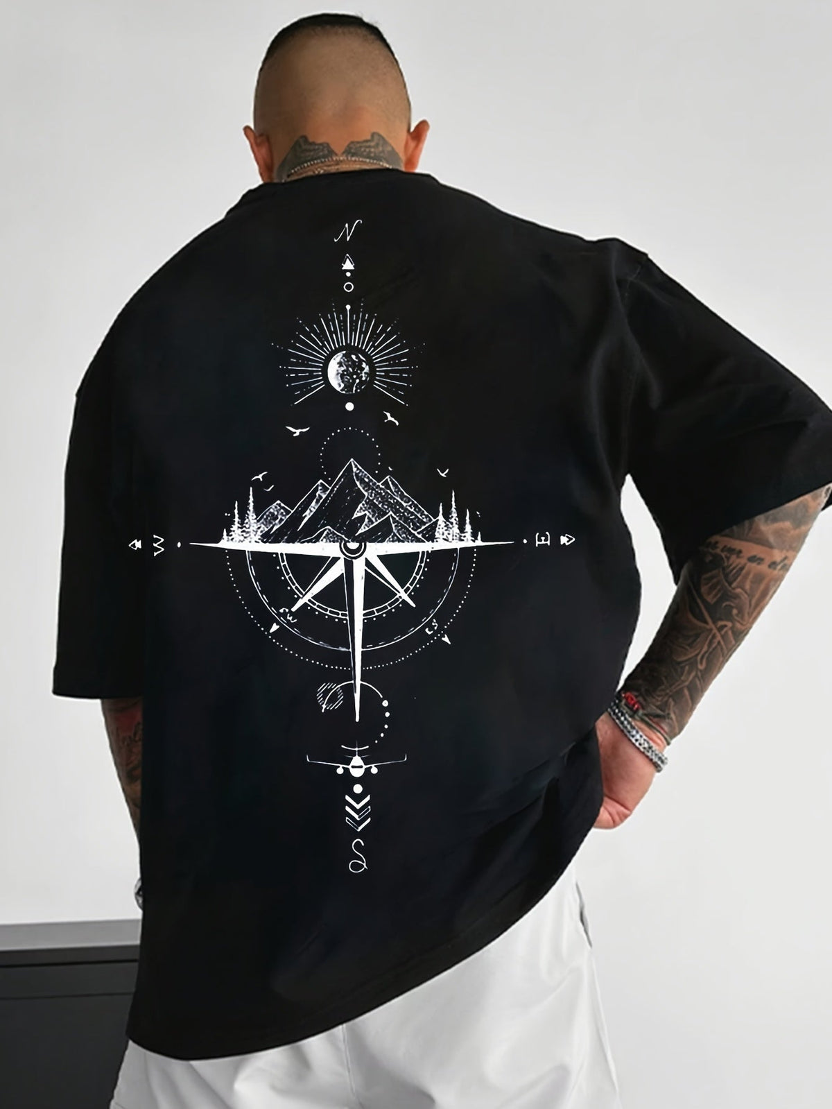 Men's 100% Cotton Short Sleeve T-Shirt, Crew Neck Back Print Mountain Compass Travel Graphic Tee, Casual Streetwear Top