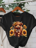 Highland Cow and Sunflower Print T-shirt, Short-sleeved Round Neck Casual Top