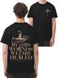 By His Wounded Cross (Isaiah 53:5) T-Shirt, Vintage Streetwear Double-Sided Print Graphic Tee, Round Neck Short Sleeve Top