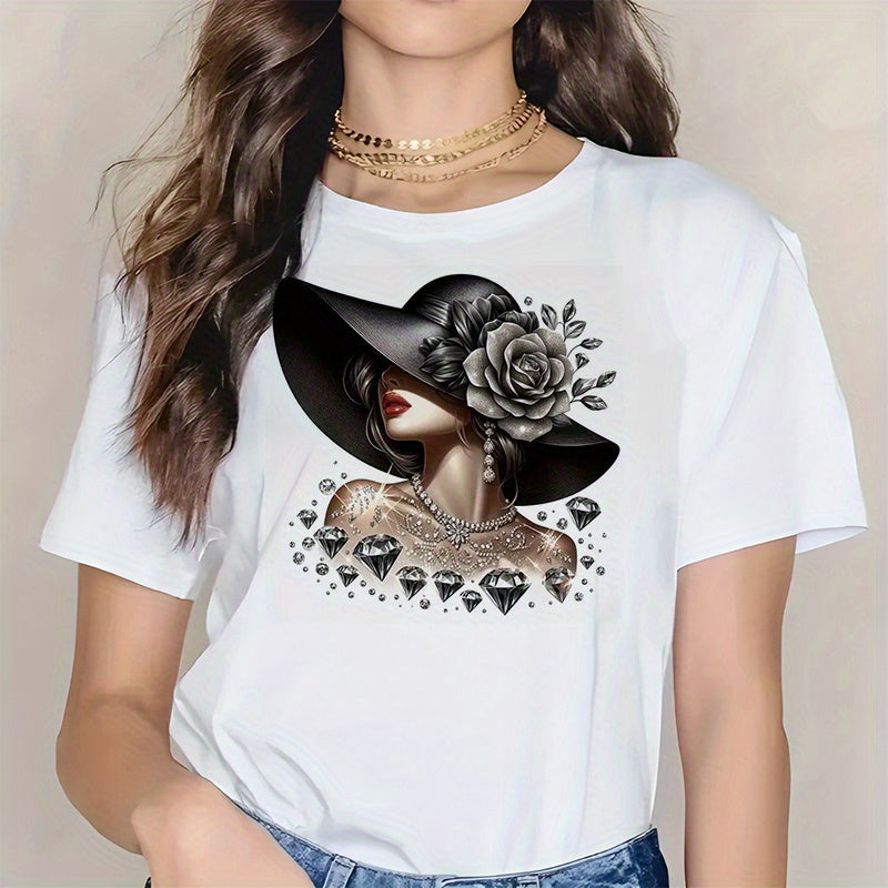 Women’s Elegant Lady with Black Wide‑Brim Hat Rose Diamond Jewelry Graphic T‑Shirt，Fashion Casual Women Clothing