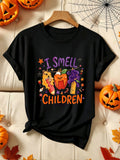 Women’s I Smell Children Teacher Life Halloween Graphic Short Sleeve T‑Shirt, Funny Teacher Candy Apple Pencil Witch Hair Holiday Casual Tee Top