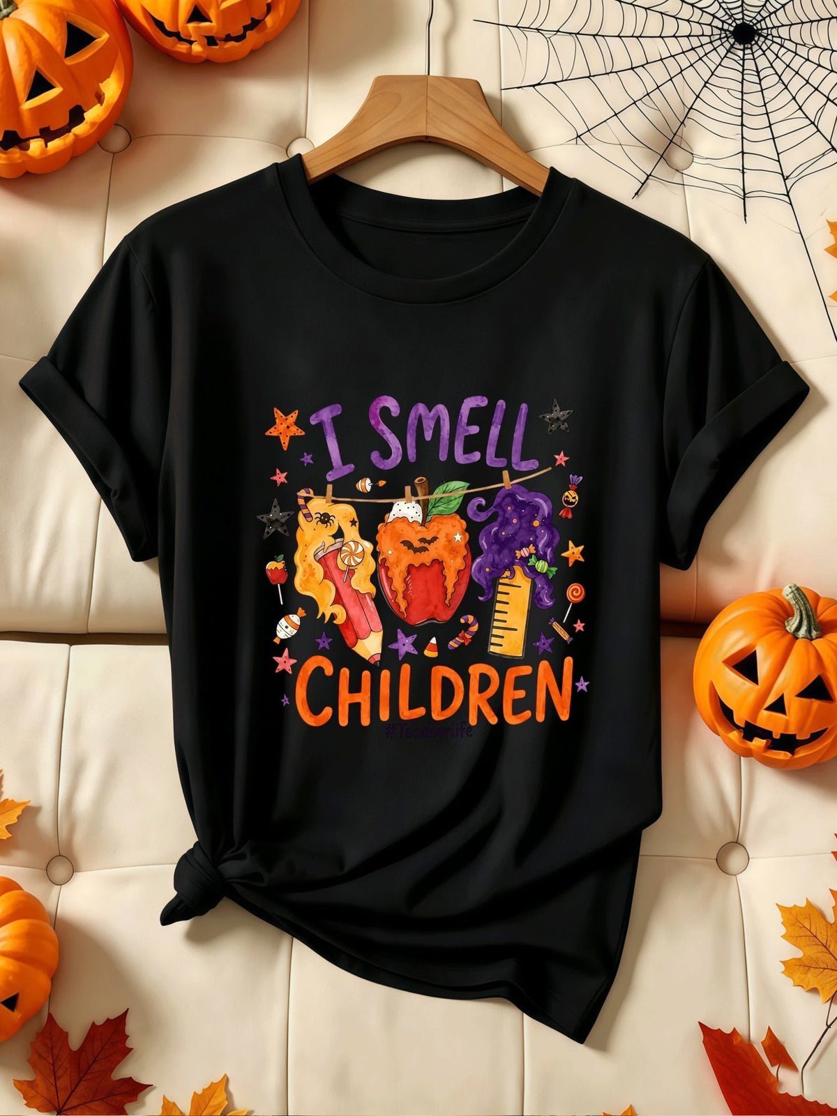 Women’s I Smell Children Teacher Life Halloween Graphic Short Sleeve T‑Shirt, Funny Teacher Candy Apple Pencil Witch Hair Holiday Casual Tee Top