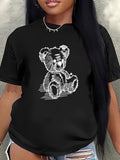 Women’s Sketch Teddy Bear Graphic Short Sleeve T‑Shirt, Casual Crew Neck Cute Bear Print Tee for Daily Wear
