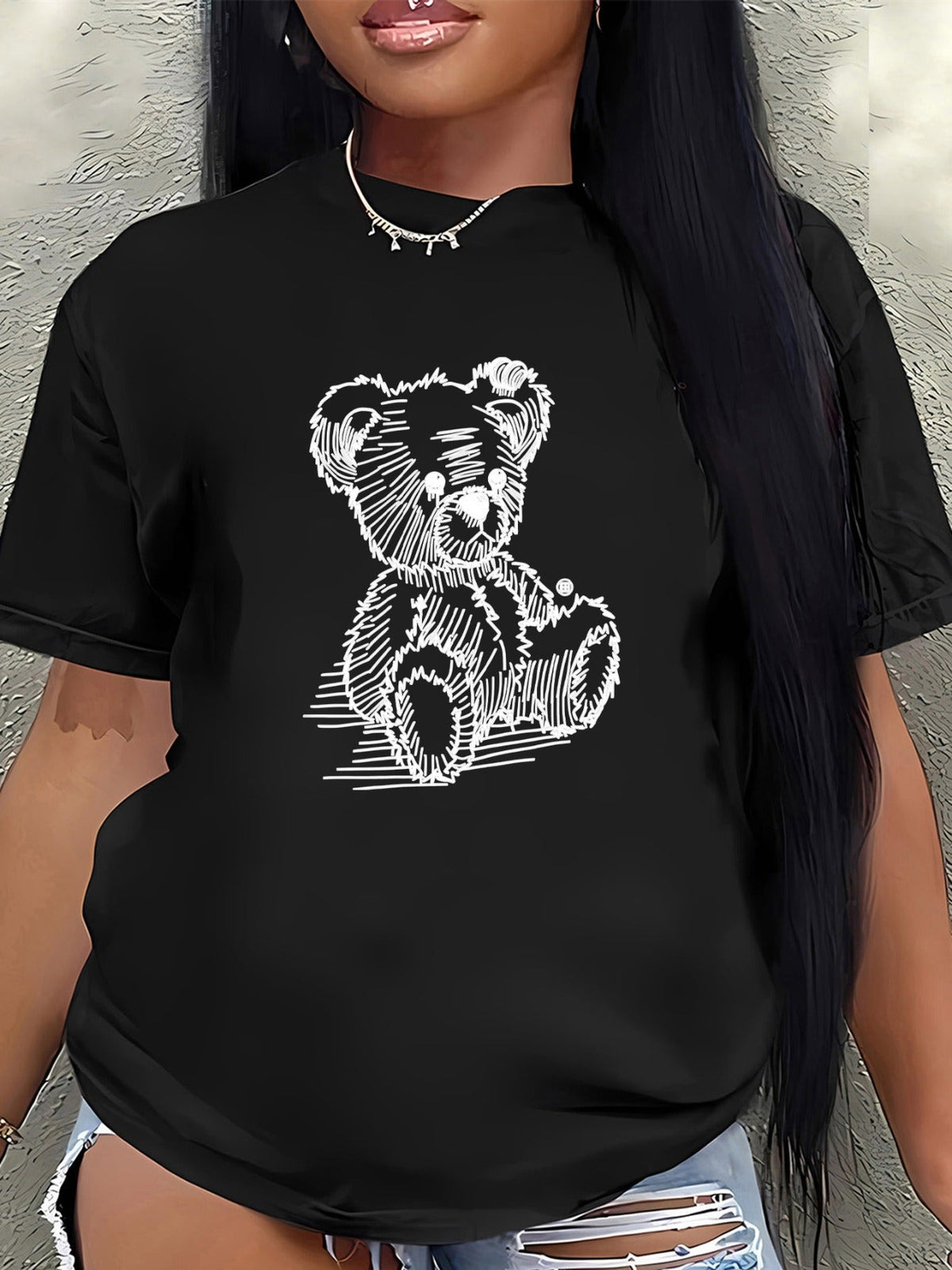 Women’s Sketch Teddy Bear Graphic Short Sleeve T‑Shirt, Casual Crew Neck Cute Bear Print Tee for Daily Wear