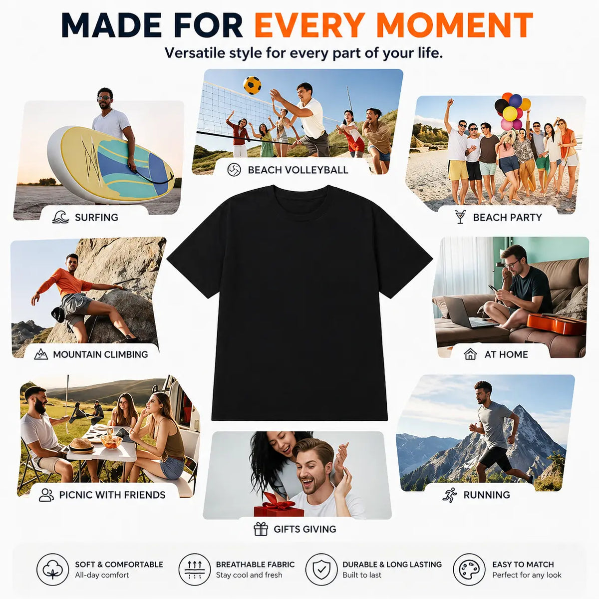 Black Crew Neck Short Sleeve Tee Unisex Casual Street Holiday Top