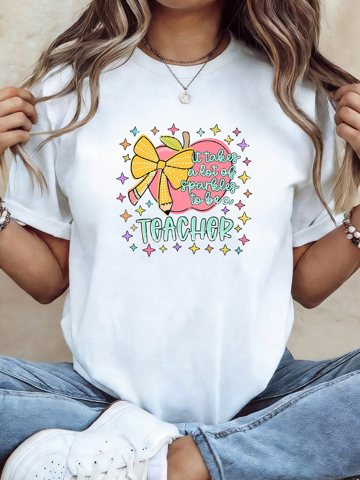 It Takes A Lot Of Sparkles To Be A Teacher Apple Bow Pencil Star Graphic Short Sleeve T-Shirt, Cute Back To School Teacher Casual Tee Top