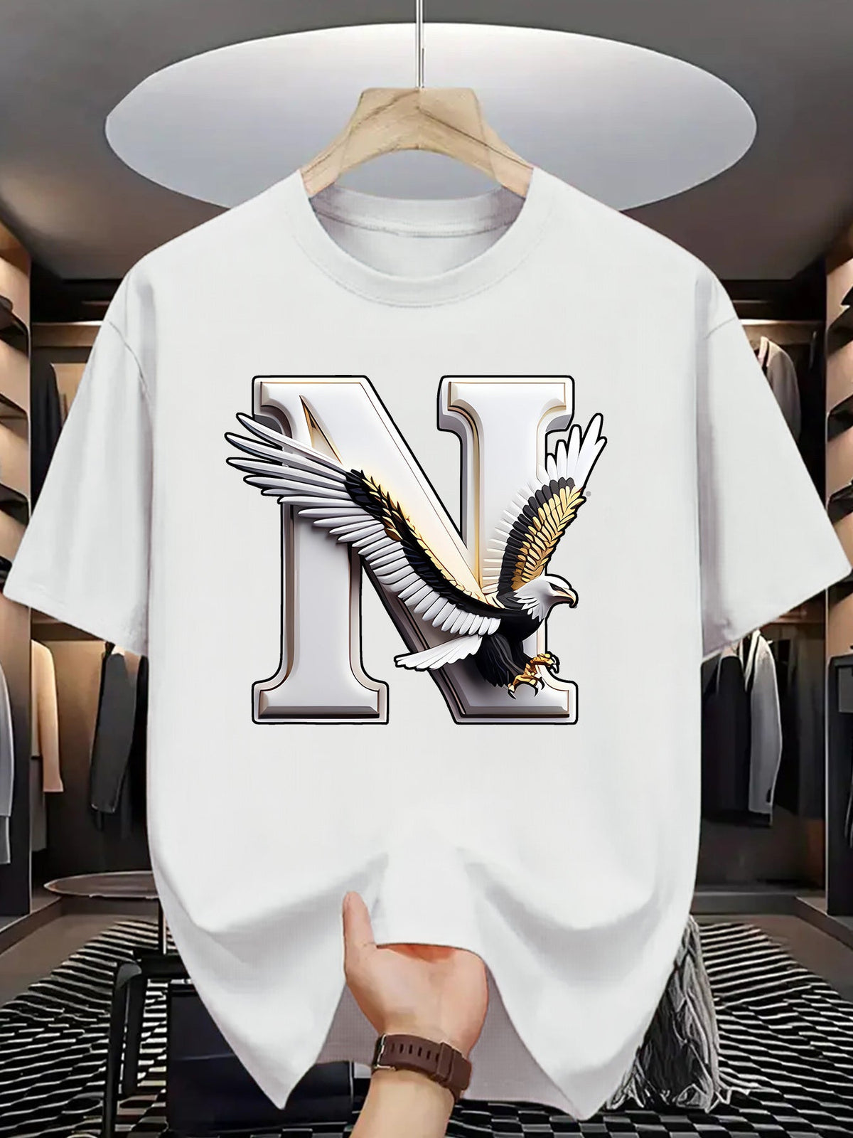 Men's Eagle Letter N Graphic Casual Tee Trendy Printed T-Shirts for Men, Men Clothing