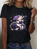 Cute Highland Cow in Black Tutu Purple Flower Hearts Graphic Short Sleeve T-Shirt, Casual Tee Top