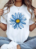 Women Short Sleeve T-Shirt, Large Blue Daisy Wildflower Botanical Art Floral Casual Graphic Tee